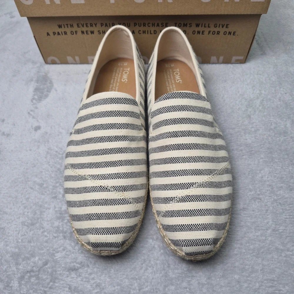 TOMS Alpargata Espadrille Black White Striped Canvas Slip On Shoes Women 10